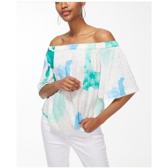 Chico's 3 Linen top shirt Confetti Pom Pom Top size XL Knit Pattern new - Picture 1 of 14